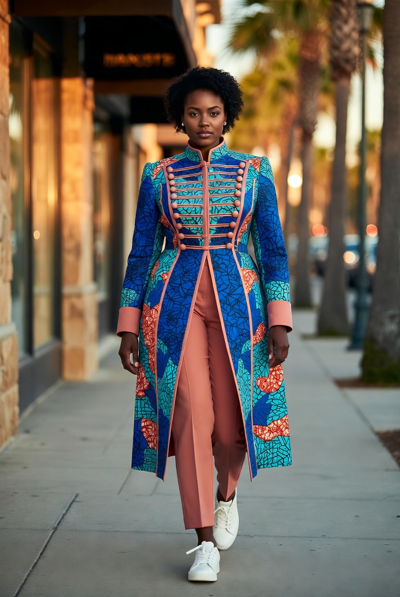 Curvy African American woman in a closed Ankara couture jacket walking along a palm-lined peninsula sidewalk at golden hour, representing a reflective moment from the story A Trace of Simon.