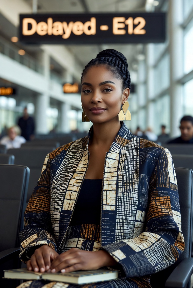 A stylish Black woman from Sasspoint™ Peninsula sits at Gate E12 in a modern airport terminal during a flight delay, wearing a contemporary African-inspired travel jacket and holding a book, calm and confident beneath a “Delayed – E12” sign.