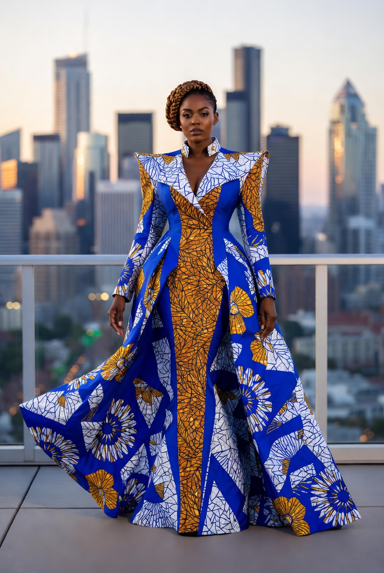 Full-body portrait of a stylish African American woman in a modern Ankara trench-dress, standing on the balcony of Penthouse Eight at golden hour, overlooking the Settle-Waters skyline in Sasspoint Village. Cinematic lighting, modest fashion, reflective mood.