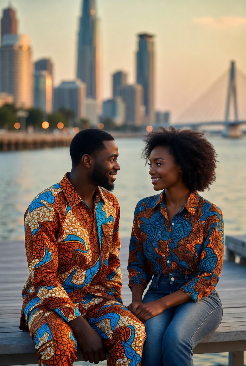 African American couple sitting on a modern pier at sunset, wearing coordinated Ankara outfits in burnt orange and blue-green tones, smiling at each other with a city skyline and bridge glowing in the background.