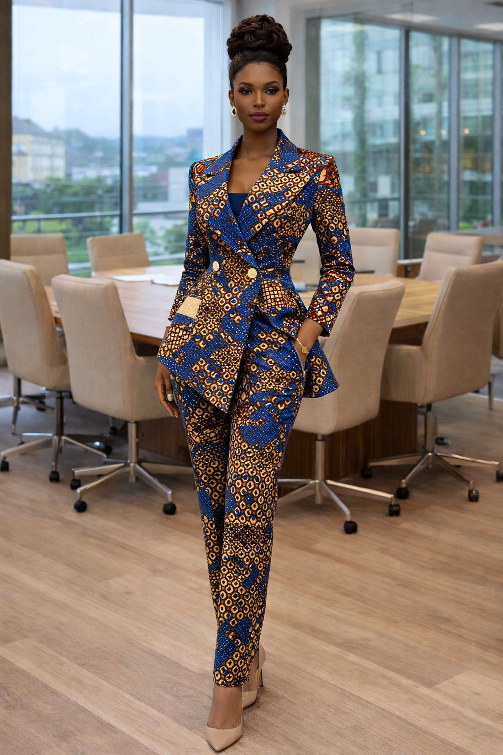 Elegant woman with medium brown skin wearing a tailored Ankara pantsuit, standing confidently in a modern conference room with glass walls and a long table in Sasspoint Village.