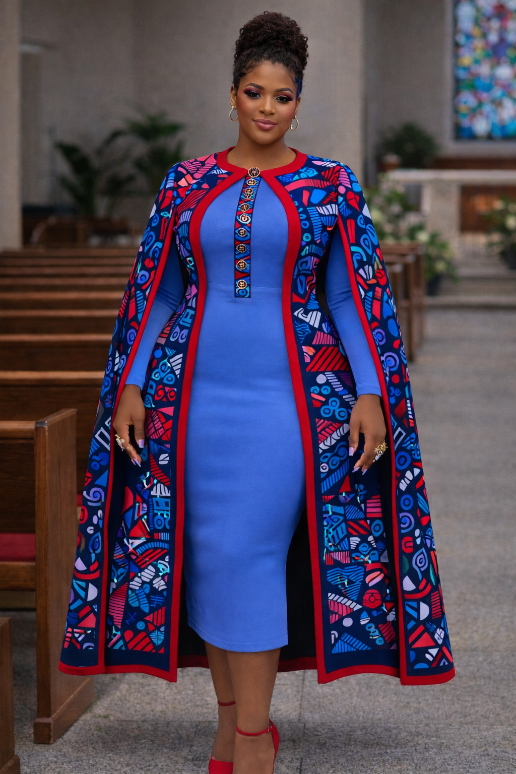 Tirzah, a curvy African American woman with medium brown radiant skin and a natural updo, standing near the last pew in a church wearing a serenity-blue Ankara dress with a full patterned cloak, reflecting quiet reverence and attentiveness.