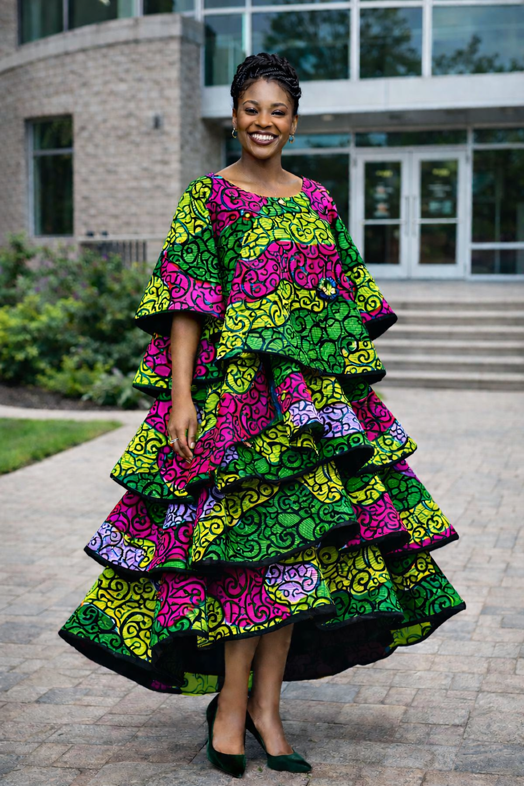 Full-body image of Maren, a joyful medium-brown-skinned woman wearing a black-based Ankara dress with vibrant chartreuse, magenta, lilac, and forest green patterns, standing confidently outside a modern church building with braided updo and minimal jewelry.