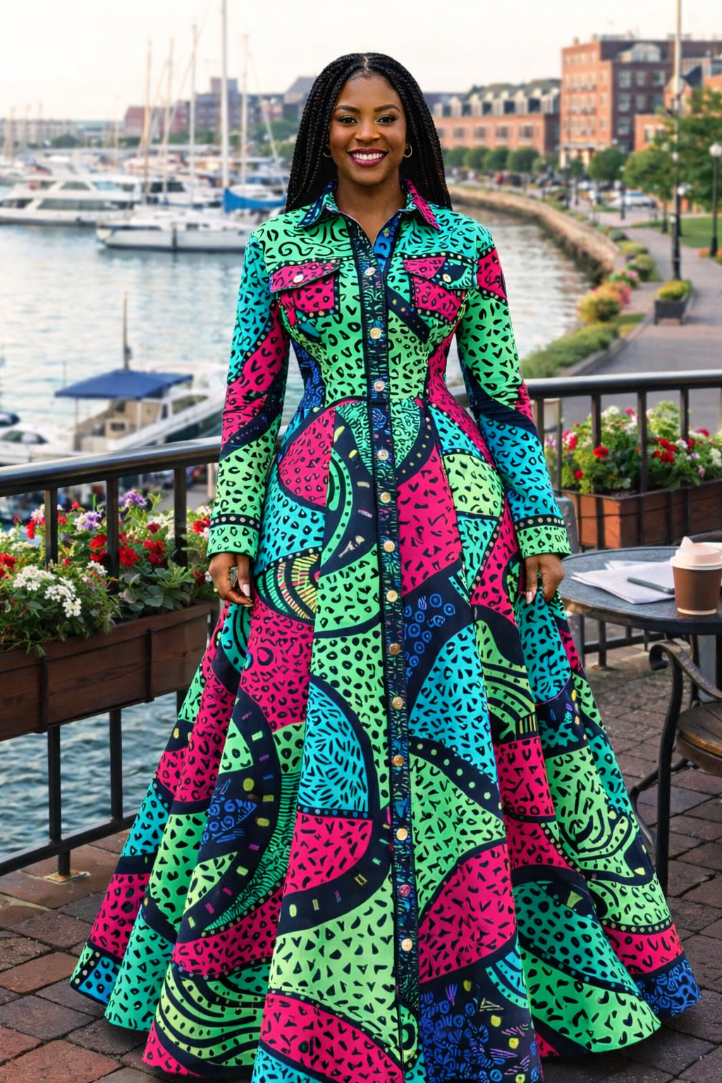 Naomi standing on a marina terrace in Sasspoint Village wearing a vibrant Ankara dress, smiling confidently with the harbor and promenade in the background.