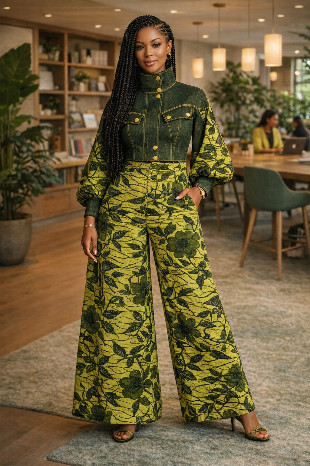 Confident woman in green Ankara outfit standing in a modern workspace, representing discernment and moral clarity