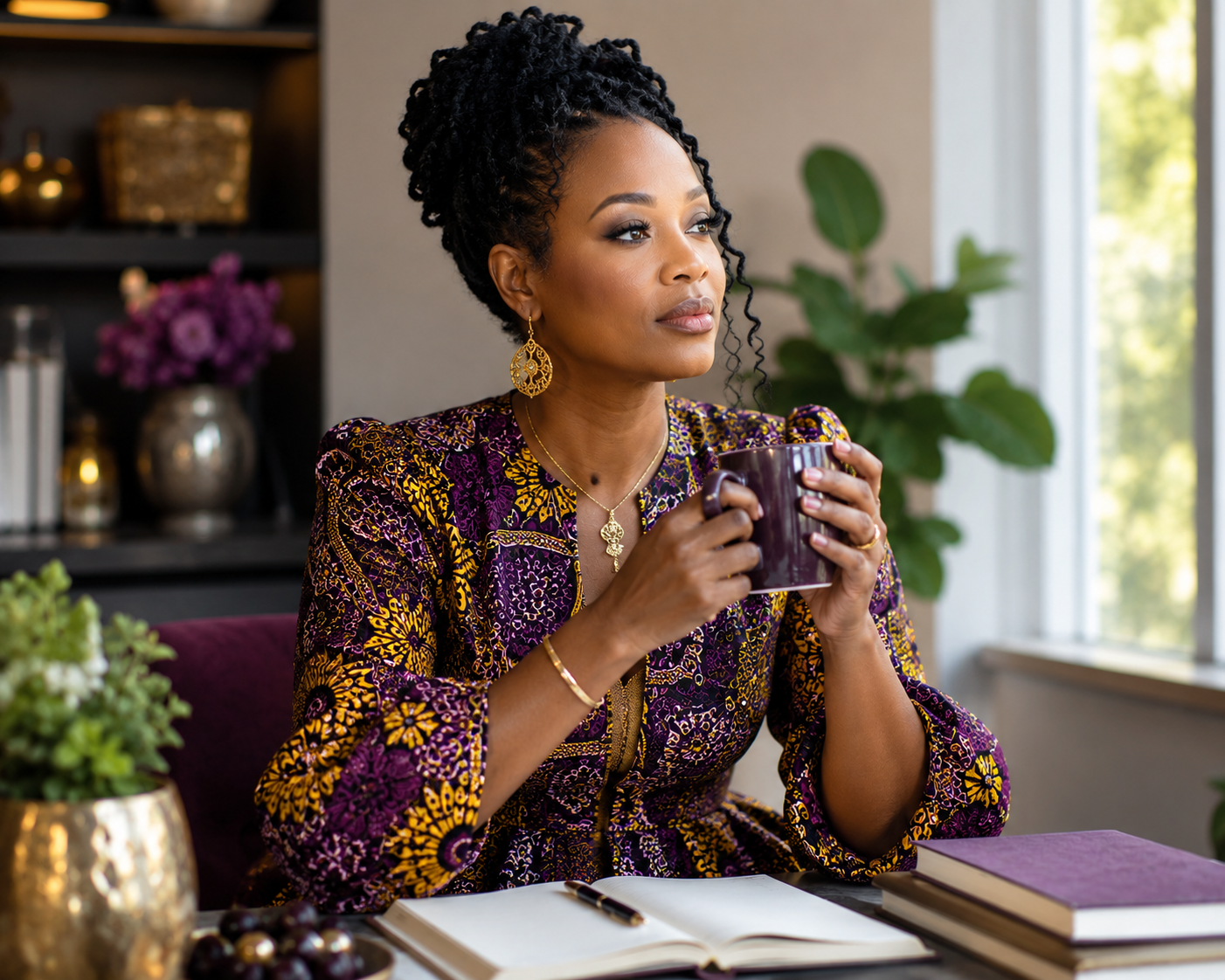 Elegant Black woman in a modern purple-and-gold Ankara outfit sitting by a window with tea and an open notebook, reflecting peacefully in a bright cinematic morning setting.