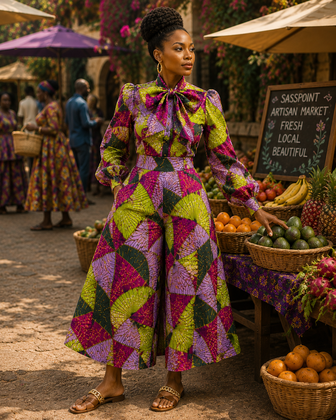 Elegant Black woman in a vibrant magenta, chartreuse, lilac, and forest green Ankara outfit shopping at the Sasspoint Village Artisan Market, wearing a dramatic bow blouse, fit-and-flare palazzo pants, gold hoop earrings, and a kinky updo hairstyle.